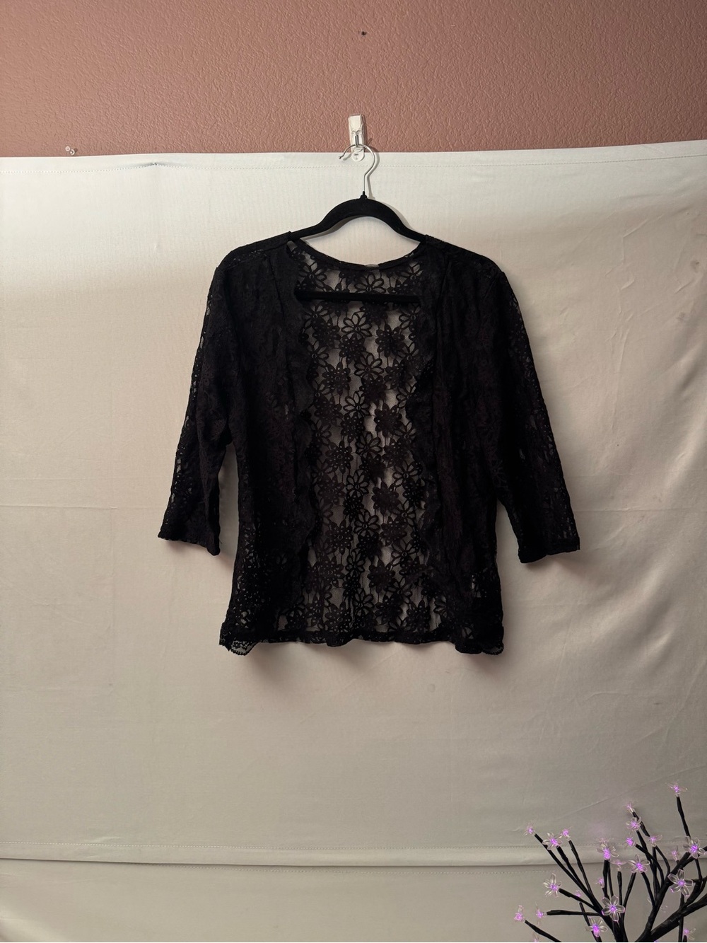 SHEIN Black Floral Lace Open Front Cardigan